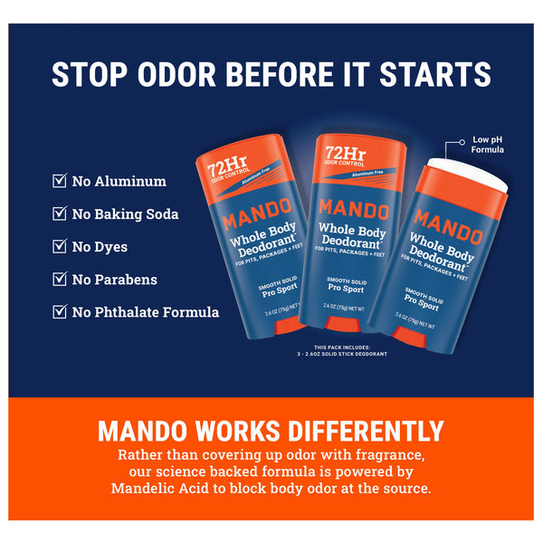 Mando Whole Body Pro Sport Solid Stick Deodorant 2.6 oz, 3-pack