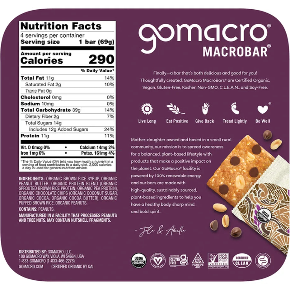 GoMacro Peanut Butter Chocolate Chip Mini Macrobar, 4 Count