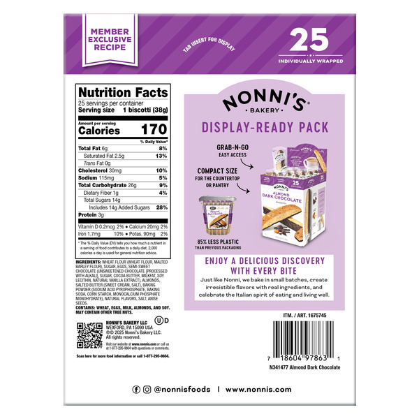 Nonni’s Biscotti, Almond Dark Chocolate, 1.34 oz, 25-count