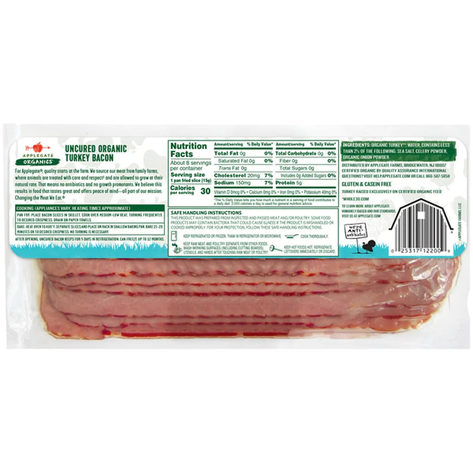 Applegate Organic Sliced Hickory Smoked Uncured Turkey Bacon, 8 oz