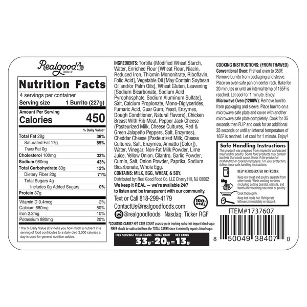 Real Good Food Chicken & Pepper Jack Burritos, 32 oz, 4-count
