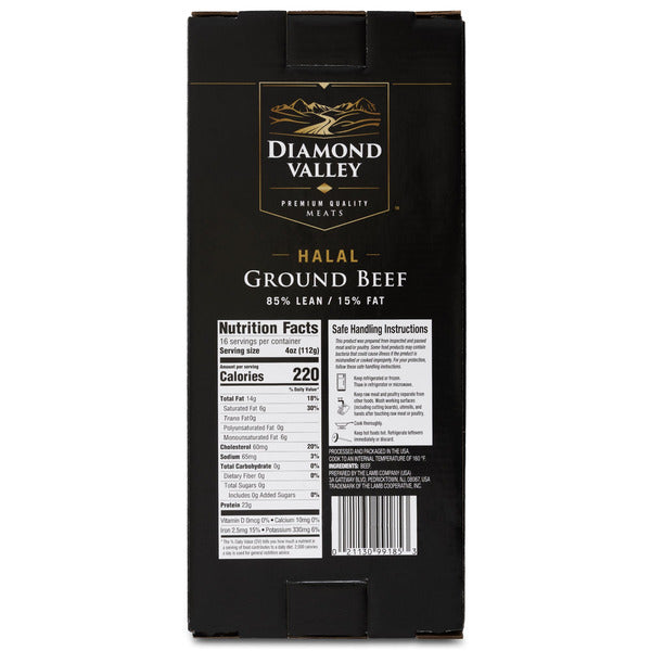 Diamond Valley Halal Ground Beef, 85% Lean 15% Fat, 1 lb Chub, 4 ct
