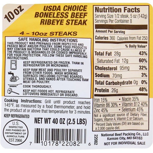 USDA Choice Beef Ribeye Steak, 10 oz, 4 ct