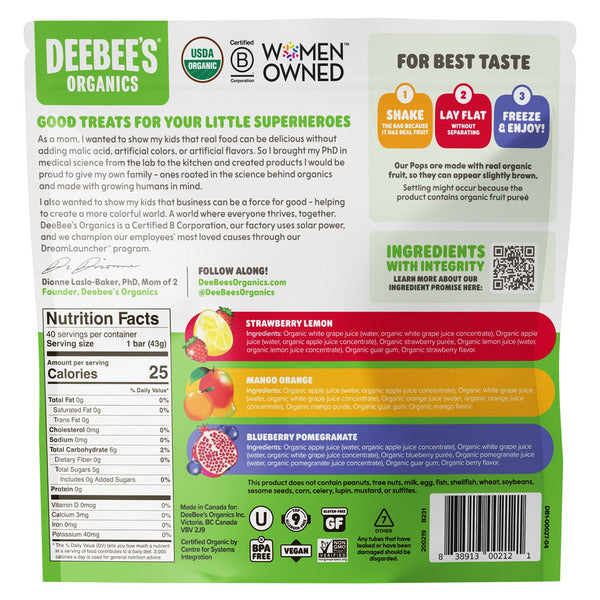 Deebee's Organic Superfruit Freezie Pops Variety Pack, 1.35 fl oz, 40-count