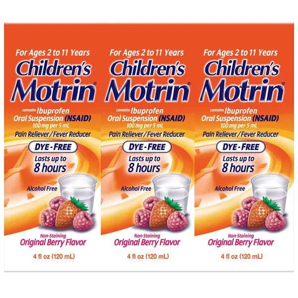 Children's Motrin Dye-Free Berry Flavor Suspension, Fever Reducer & Pain Relief, 3 Count