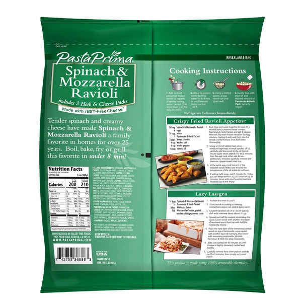 Pasta Prima Spinach & Mozzarella Ravioli, Includes 2 Herb & Cheese Packs, 56 oz