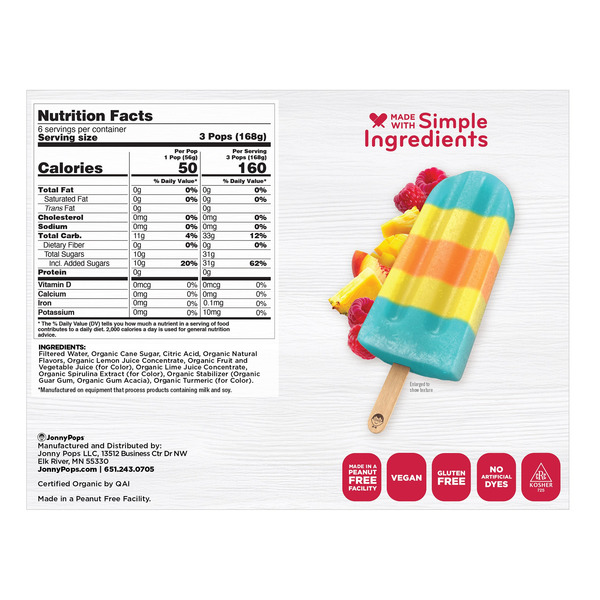 Jonny Pops Organic Sour Blue Raspberry Splash Pops, 1.85 fl oz, 18-count