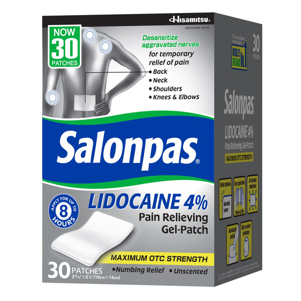 Salonpas LIDOCAINE 4% Pain Relieving Gel-Patch, 30 Patches