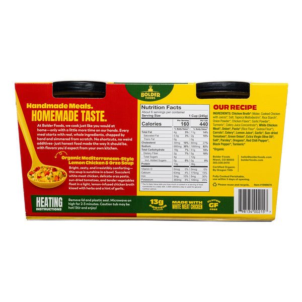 Bolder Foods Organic Lemon Chicken & Orzo Soup, 24 oz, 2-count