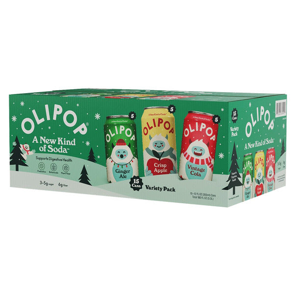 Olipop Prebiotic Soda, Holiday Variety Pack, 12 fl oz, 15 ct