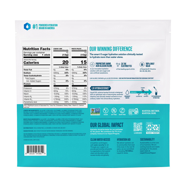 Liquid I.V. Hydration Multiplier Sugar Free Variety Pack, 30 Pack - Lemon Lime and White Peach