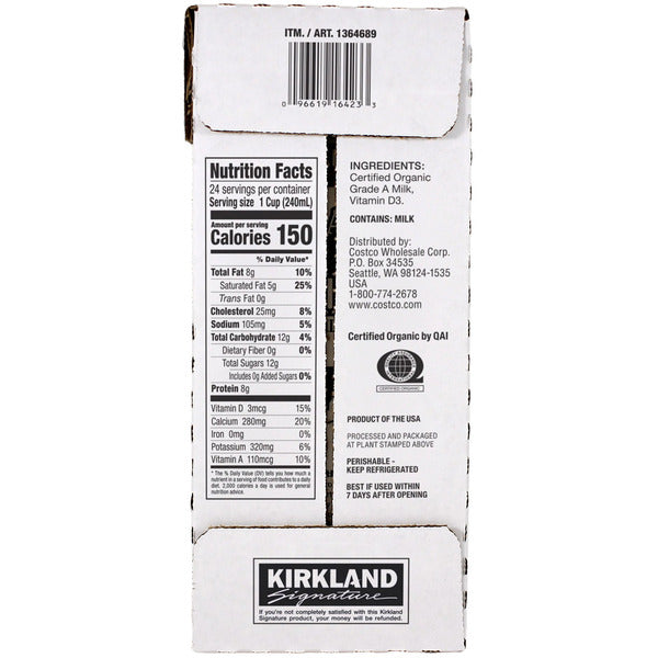 Kirkland Signature Organic Whole Milk, Half Gallon, 3 ct