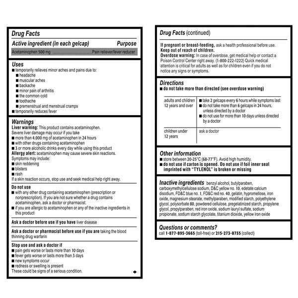 Tylenol Extra Strength Acetaminophen 500 mg, Pain & Fever Relief, 290 Rapid Release Gelcaps