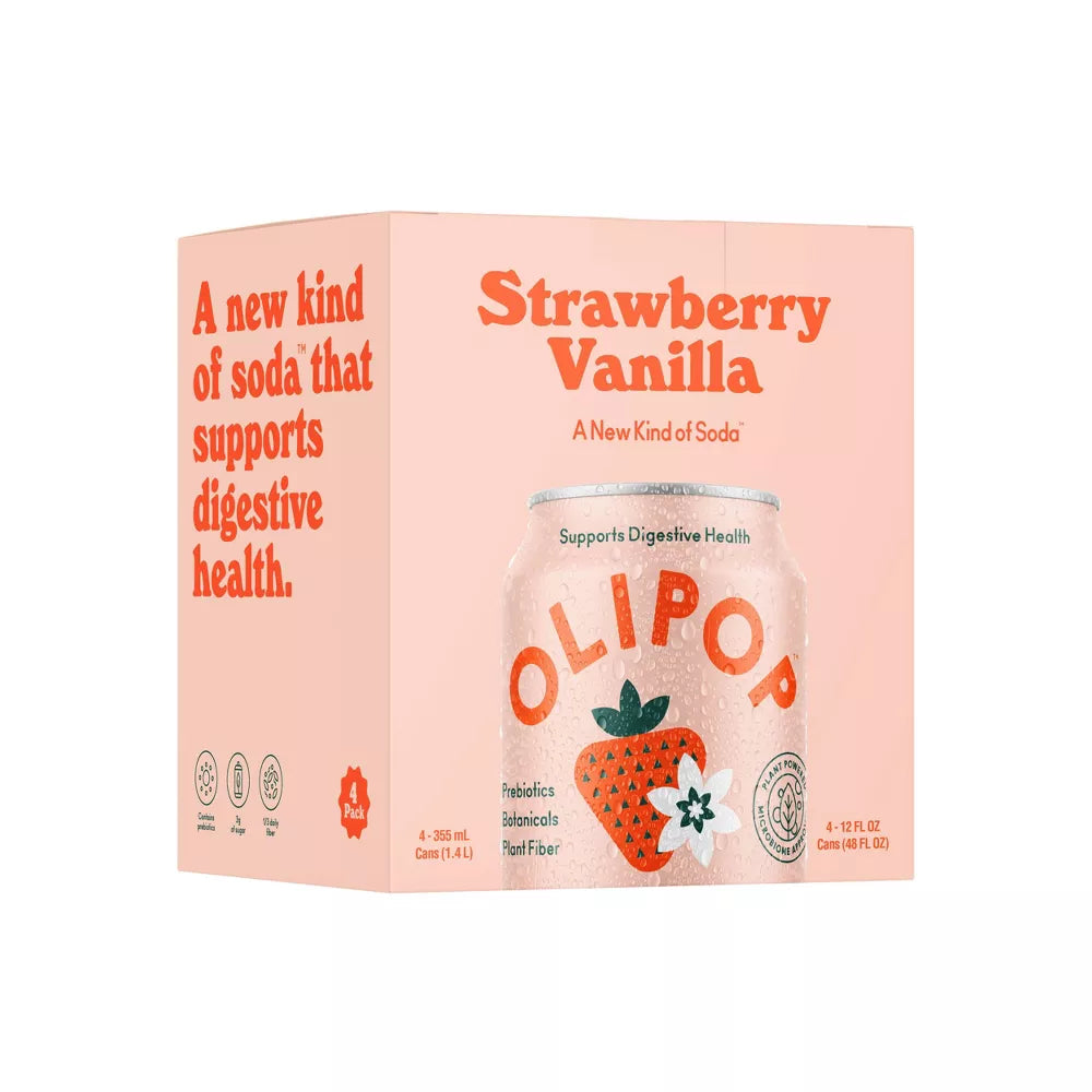 OLIPOP Strawberry Vanilla Sparkling Soda, 4 Count