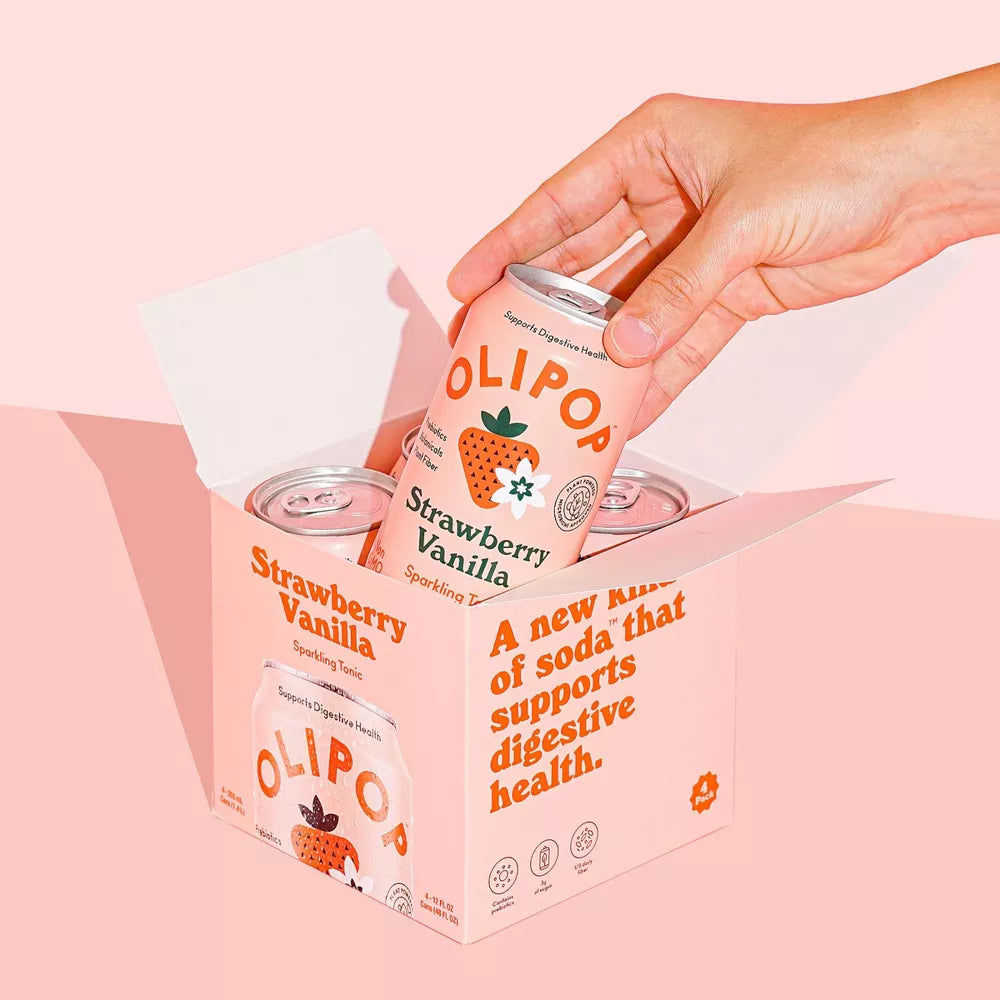 OLIPOP Strawberry Vanilla Sparkling Soda, 4 Count