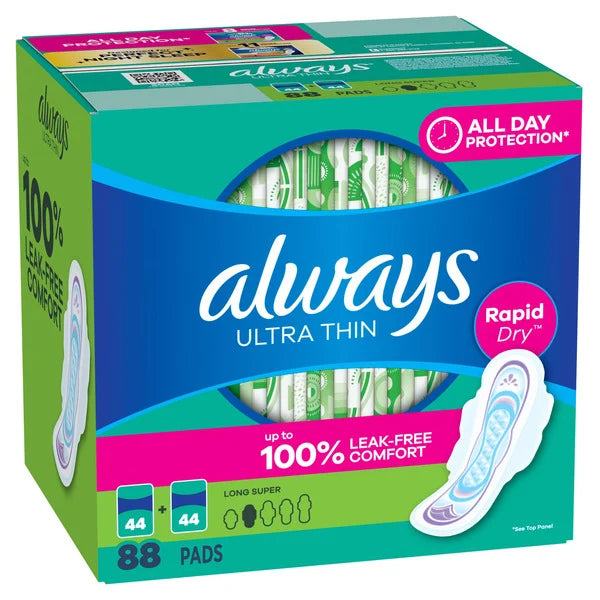 Always Ultra Thin Long Super Pads with Flexi-Wings, Unscented, Size 2, 88 ct