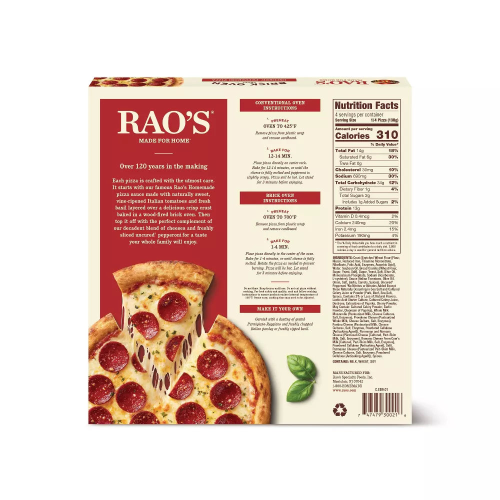 Rao's Made for Home Brick Oven Crust Uncured Pepperoni Frozen Pizza, 18.3 oz