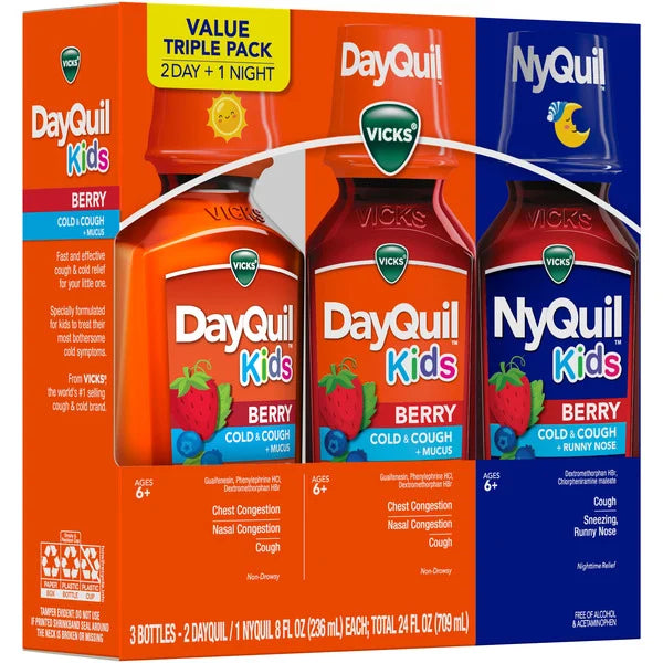 Vicks DayQuil and NyQuil Kids Cold & Cough Liquid, Berry, 8 fl oz, 3 ct