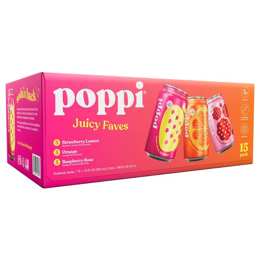 Poppi Prebiotic Soda Juicy Faves Variety Pack 15 ct, 12 oz