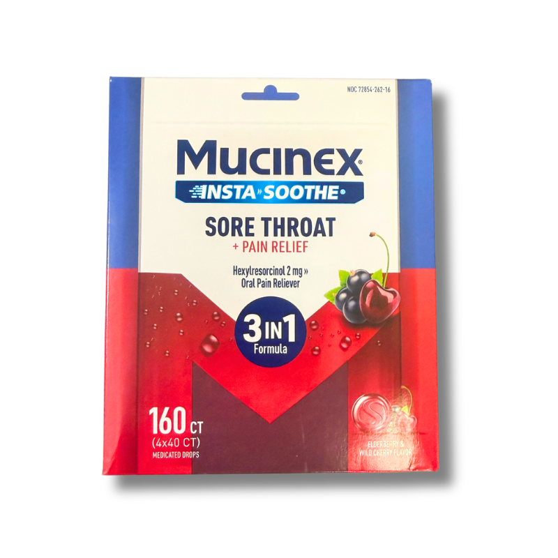 Mucinex InstaSoothe Sore Throat + Pain Relief Elderberry & Wild Cherry Flavor, Fast Acting, Powerful Oral Pain Reliever, 160 Count Medicated Drops
