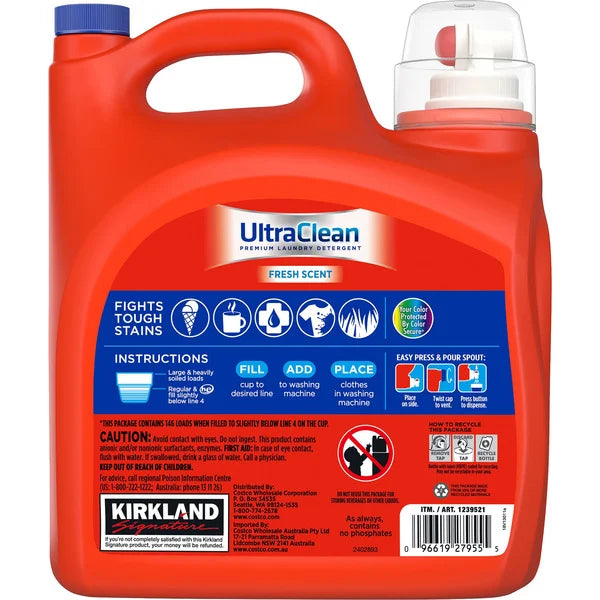 Kirkland Signature Liquid Laundry Detergent, Ultra Clean, HE Compatible, Fresh Scent, 194 fl oz