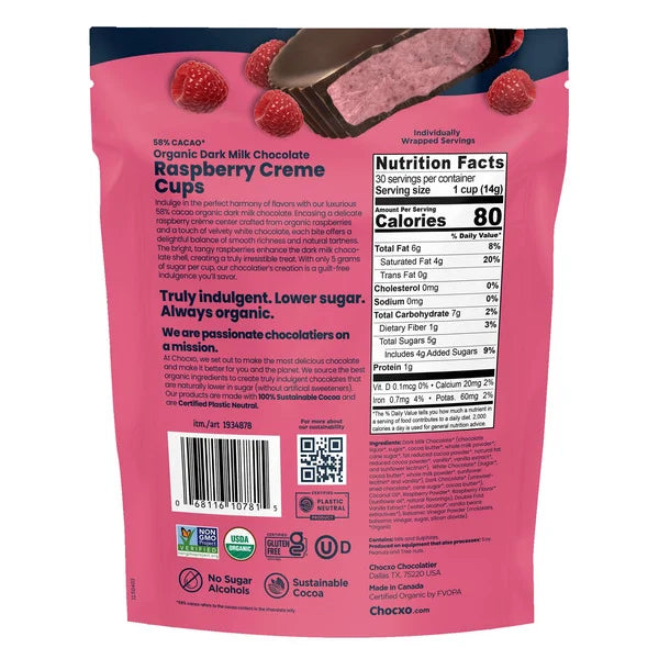 Chocxo Organic Dark Milk Chocolate Raspberry Creme Cups, 30 Count