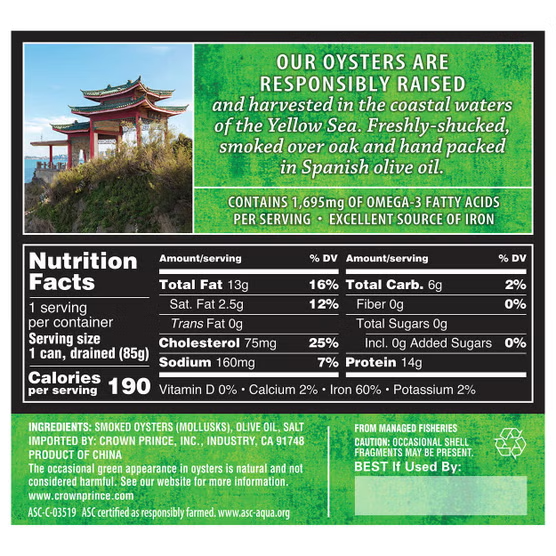 Crown Prince Smoked Oysters in Olive Oil, Fancy Whole, 3.75 oz, 6-count