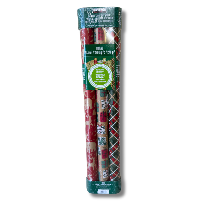 Kirkland Double Sided Gift Wrap, 3 Rolls, 270 sq ft, Red & Green