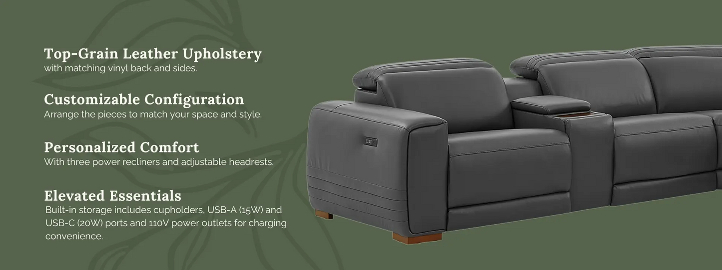 Aiden & Ivy Karson Leather Power CloudZero Reclining Sectional with Power Headrests, Gray*