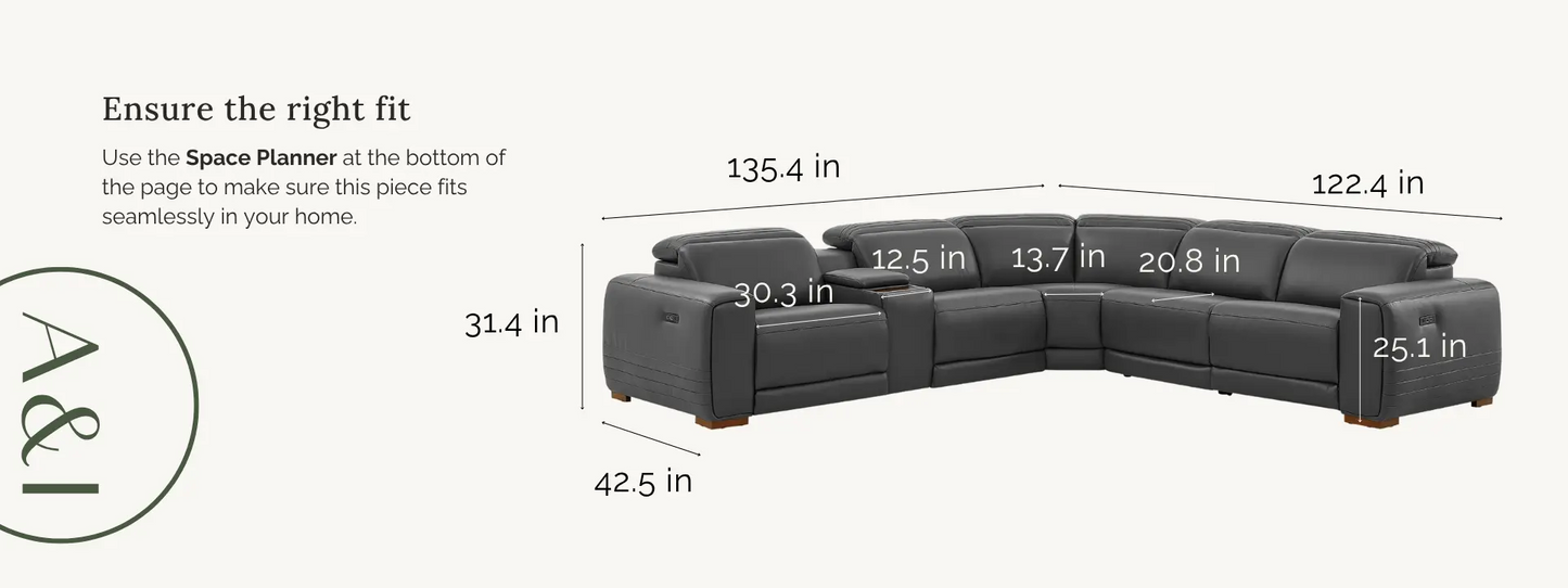 Aiden & Ivy Karson Leather Power CloudZero Reclining Sectional with Power Headrests, Gray*