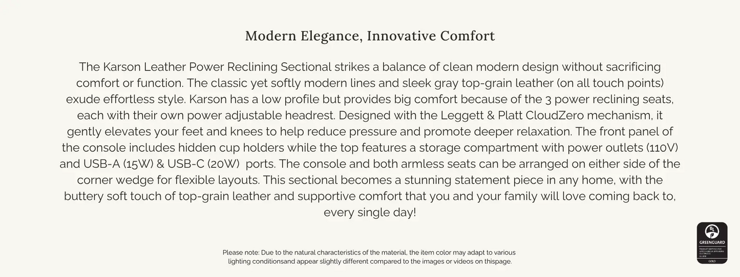 Aiden & Ivy Karson Leather Power CloudZero Reclining Sectional with Power Headrests, Gray*