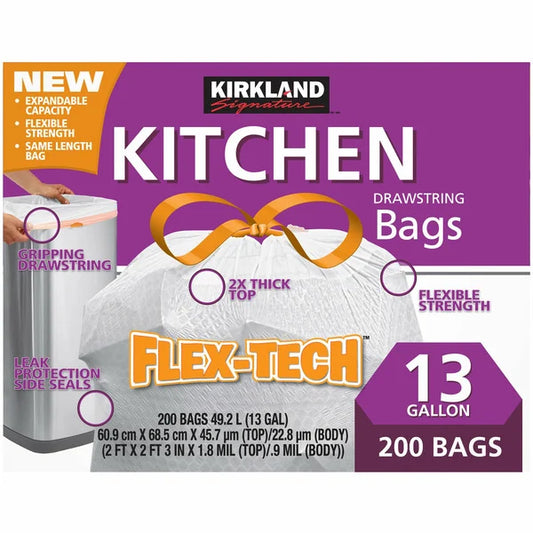 Kirkland Signature Flex-Tech 13 Gallon Kitchen Trash Bag, 200 Count