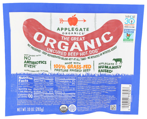 Applegate Natural Organic Uncured Beef Hot Dog, 10 oz