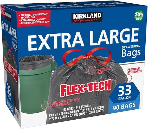 Kirkland Signature Flex-Tech 33 Gallon Kitchen Trash Bag, 90 Count