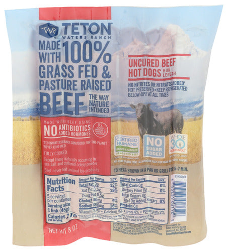 Teton Waters Bun 100% Grass-Fed Length Hot Dogs, 8 oz