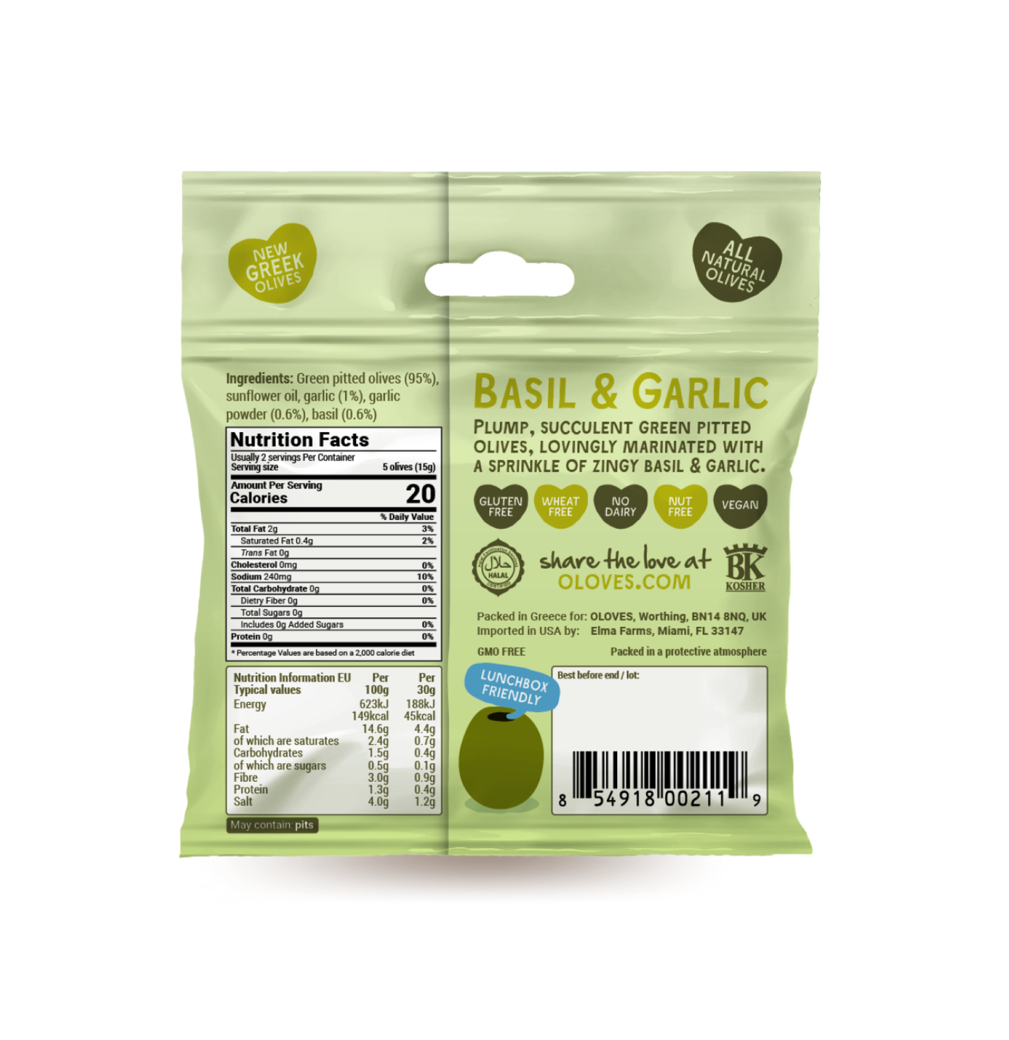 Oloves Basil & Garlic Pitted Green Olives, 1.1 oz