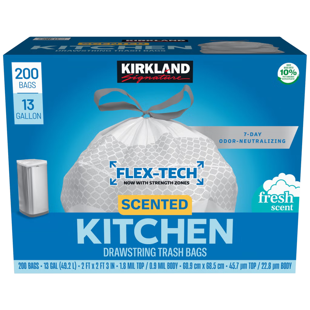 Kirkland Signature Scented Kitchen Drawstring Trash Bags, Flex-Tech, Fresh Scent, White, 13 Gallon, 200 ct