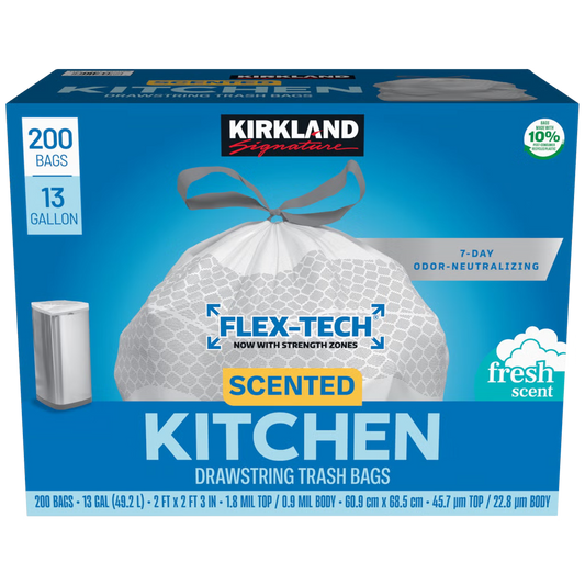 Kirkland Signature Scented Kitchen Drawstring Trash Bags, Flex-Tech, Fresh Scent, White, 13 Gallon, 200 ct