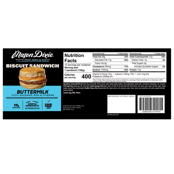 Mason Dixie Biscuit Sandwich, Buttermilk with Sausage, Egg & Cheese, 12 ct