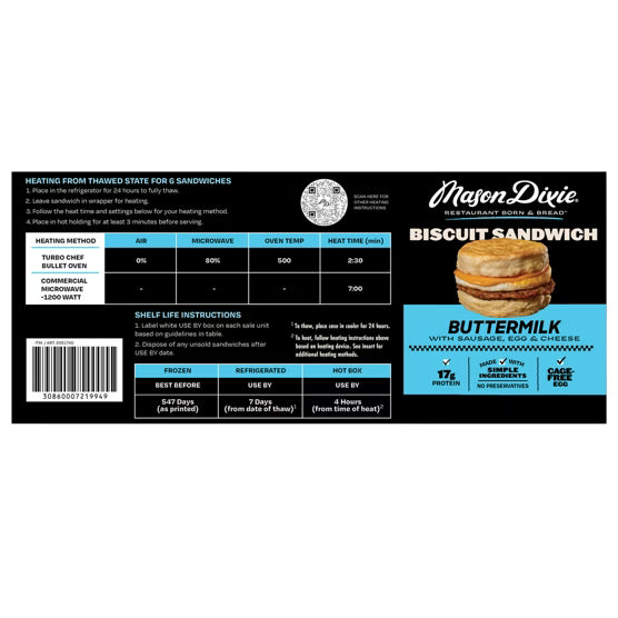 Mason Dixie Biscuit Sandwich, Buttermilk with Sausage, Egg & Cheese, 12 ct