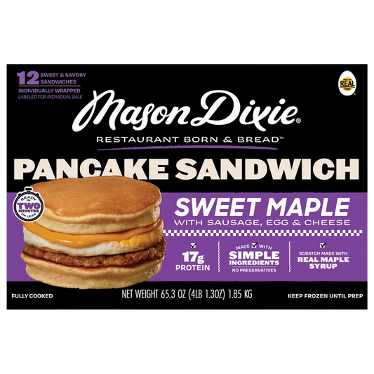 Mason Dixie Pancake Sandwich, Sweet Maple with Sausage, Egg & Cheese, 12 ct