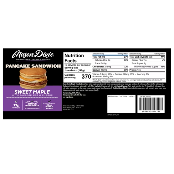 Mason Dixie Pancake Sandwich, Sweet Maple with Sausage, Egg & Cheese, 12 ct