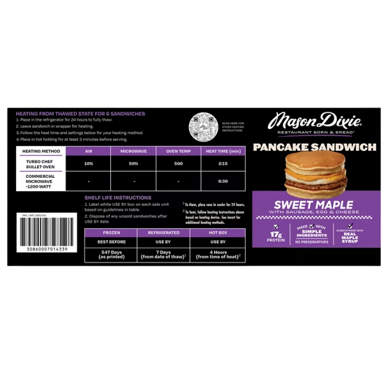 Mason Dixie Pancake Sandwich, Sweet Maple with Sausage, Egg & Cheese, 12 ct