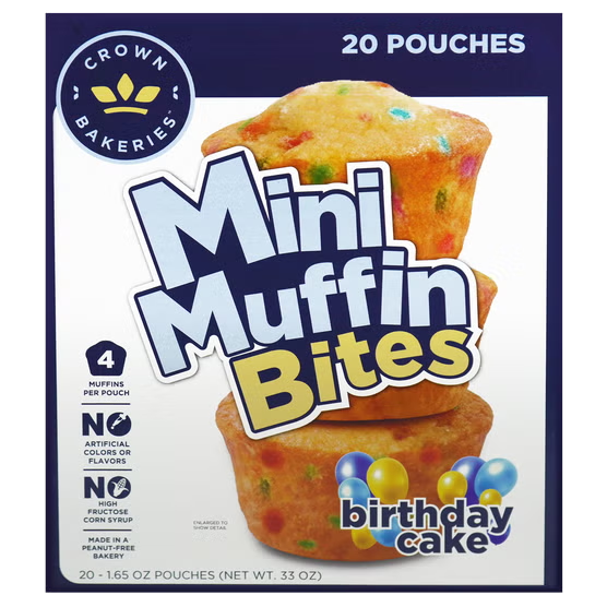 Crown Bakeries Mini Muffin Bites, Birthday Cake, 1.65 oz, 20 ct