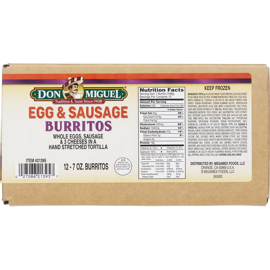 Don Miguel Breakfast Burritos, Eggs, Sausage and Cheese, 7 oz, 12 ct
