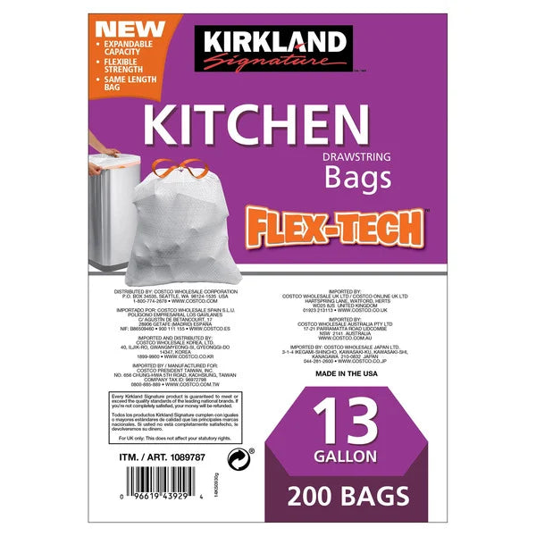 Kirkland Signature Flex-Tech 13 Gallon Kitchen Trash Bag, 200 Count