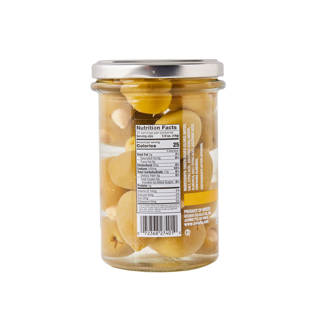 Delallo Organic Almond Stuffed Green Pitted Olives, 4.5 oz