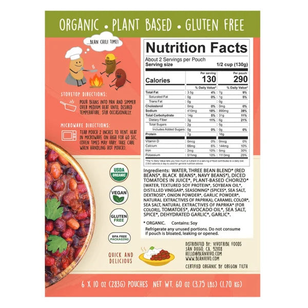 Beanvivo Organic Vegan Three Bean Chili 5 ct, 12 oz