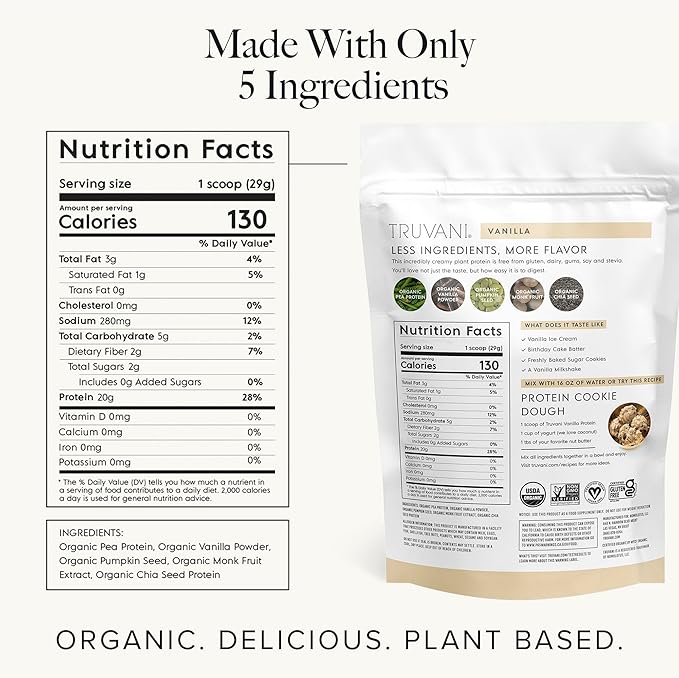 Truvani Organic Vanilla Plant Based Protein, 10.47 oz