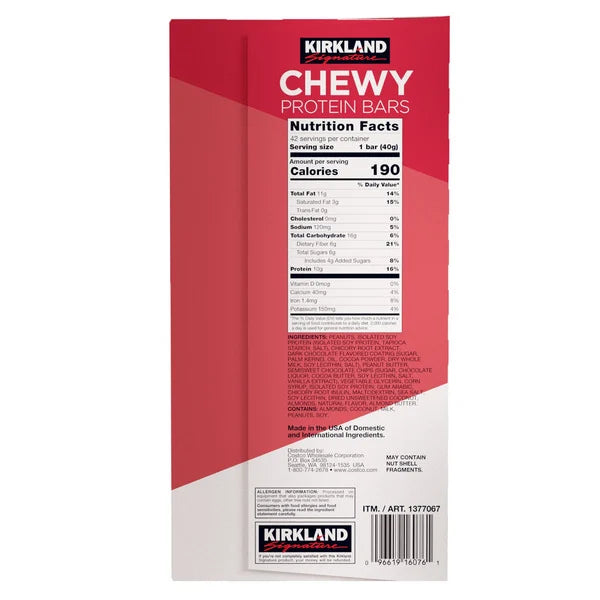 Kirkland Signature Chewy Protein Bar Peanut Butter & Semisweet Chocolate Chip 42 ct, 1.41 oz